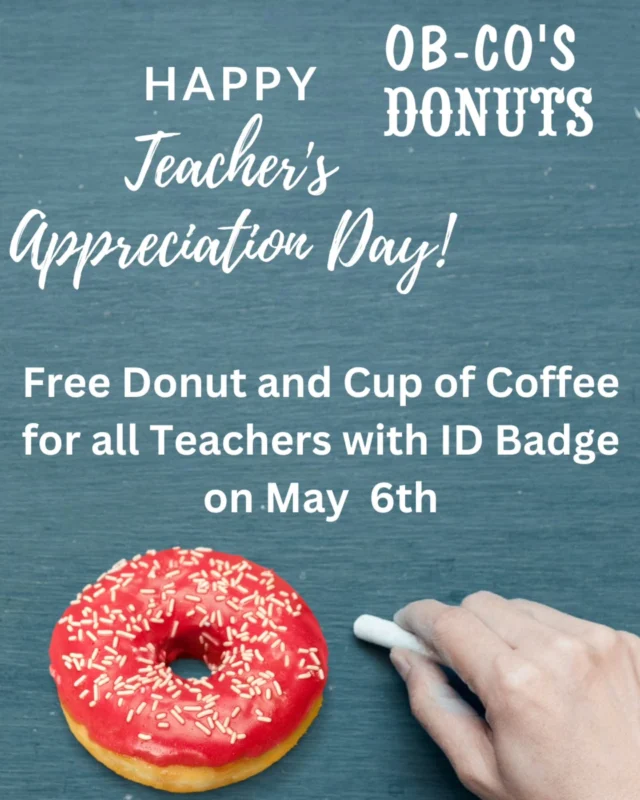 Thank you, Teachers!! Stop by Tuesday,  May 6th, with your teaching ID badge for a free donut and cup of coffee.  Thank you for all you do!!!

#teacher #teachersofinstagram #teachersday #thankyou #tomsriverlocal #tomsrivernj #donutlife #freshdaily #yummyfood #breakfast #snack #love #coffee  #sogood #oceancounty #oceancountynj #jersey #jerseyshore #fresh #foodies #fyp #donuts #doordash #grubhub #popular  #opendaily #sugar #opendaily  #goodmorning #fresh #donut #donutshop